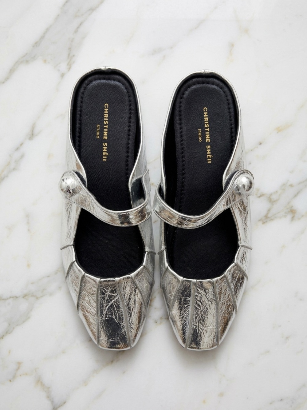 Christine Sheii Studio Silver Metallic Mary-Jane Mules Size 36